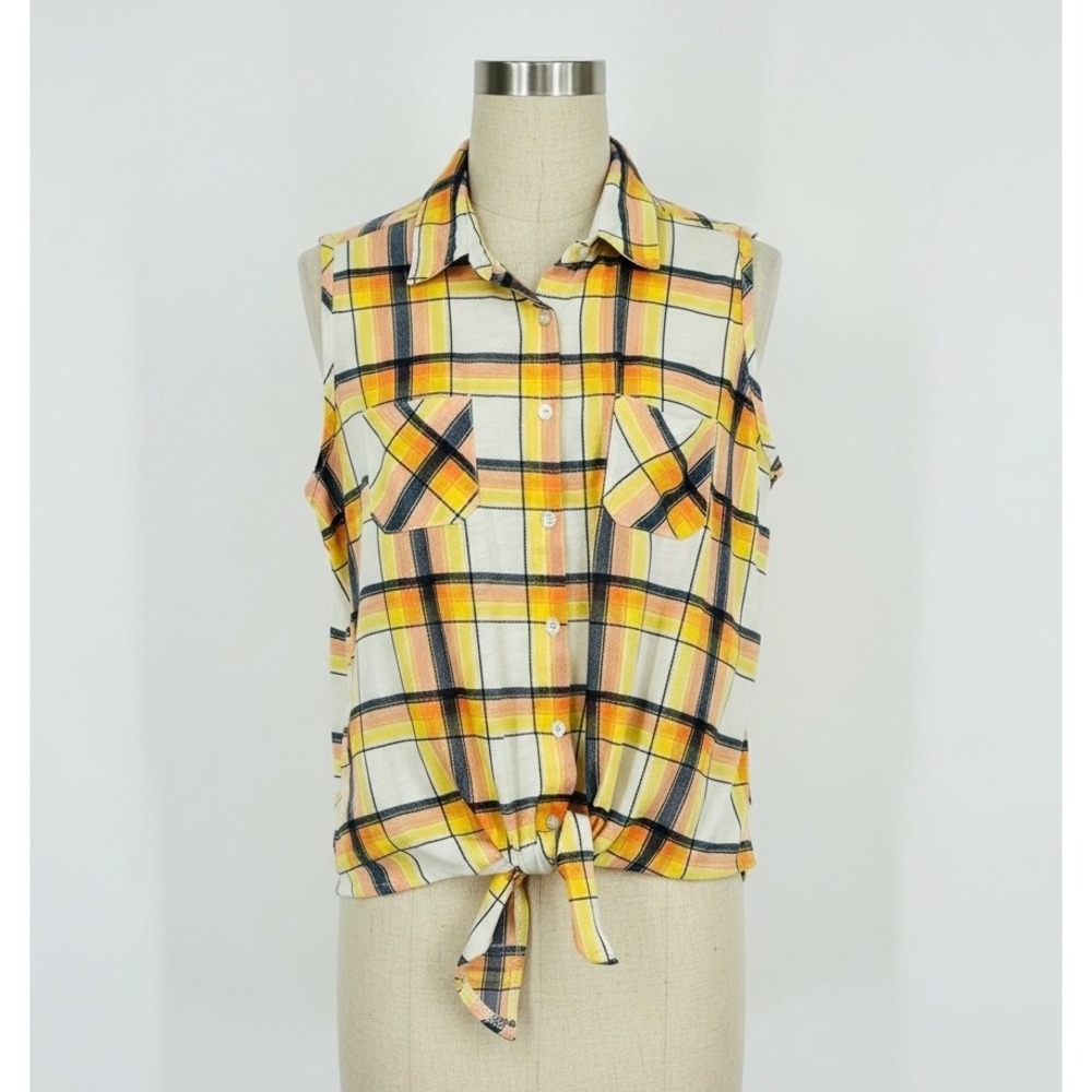 New York‎ Laundry Sleeveless Plaid Tie Front Shirt Yellow 1X